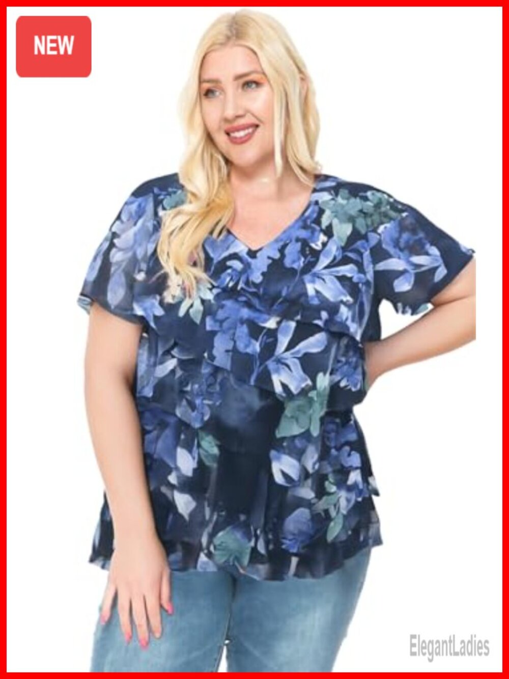 Women's Plus Size Printed Mesh Ruffle Blouse V-Neck Long Sleeve Top